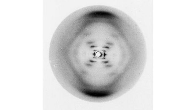"picture 51": X-ray diffraction image of a DNA molecule, made in 1951 by Rosalind Franklin and Raymond Gosling.