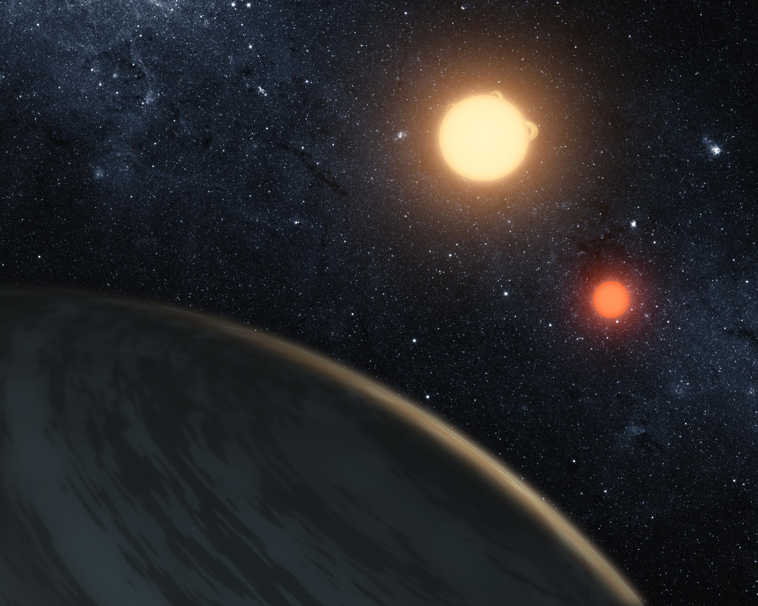 Illustration of the planet Kepler-16b, which has two suns like the one in the Star Wars/NASA saga