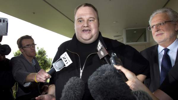 Kim Dotcom, founder of Megaupload, speaks to reporters in a picture from 2012.