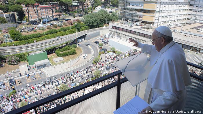 Francis blesses his followers from the hospital on July 11, 2021.
