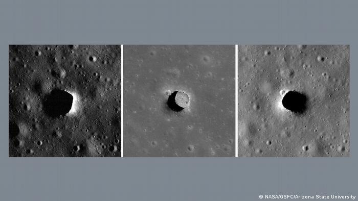 NASA's Lunar Reconnaissance Orbiter Camera took pictures of the Marius Hills Trench three times, each time in completely different lighting.  The central panel, with the sun above it, gives scholars a great view of the trench floor of the Marius Hills.  Marius crater is about 34 meters deep and 65 by 90 meters wide.