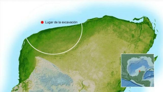 Map of the Yucatan Peninsula and the Chicxulub Crater excavation site.