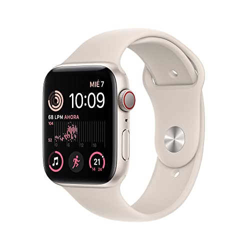 Apple Watch SE 2nd Generation (GPS + Cellular, 44mm) White Star Case Aluminum Case Smartwatch - White Star Sport Strap - One Size.  Training and sleep monitoring